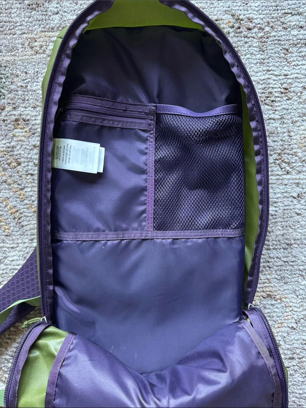 Patagonia Atom 18L Olive Green Backpack with Purple Accents